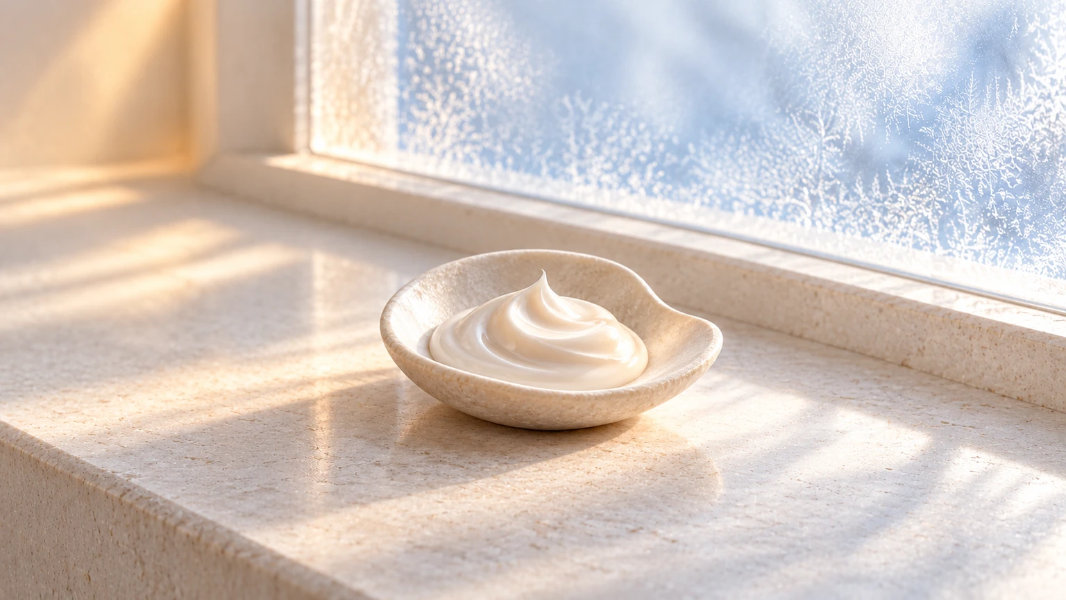 A swirl of cream rests in a stone dish beside a frosted window.