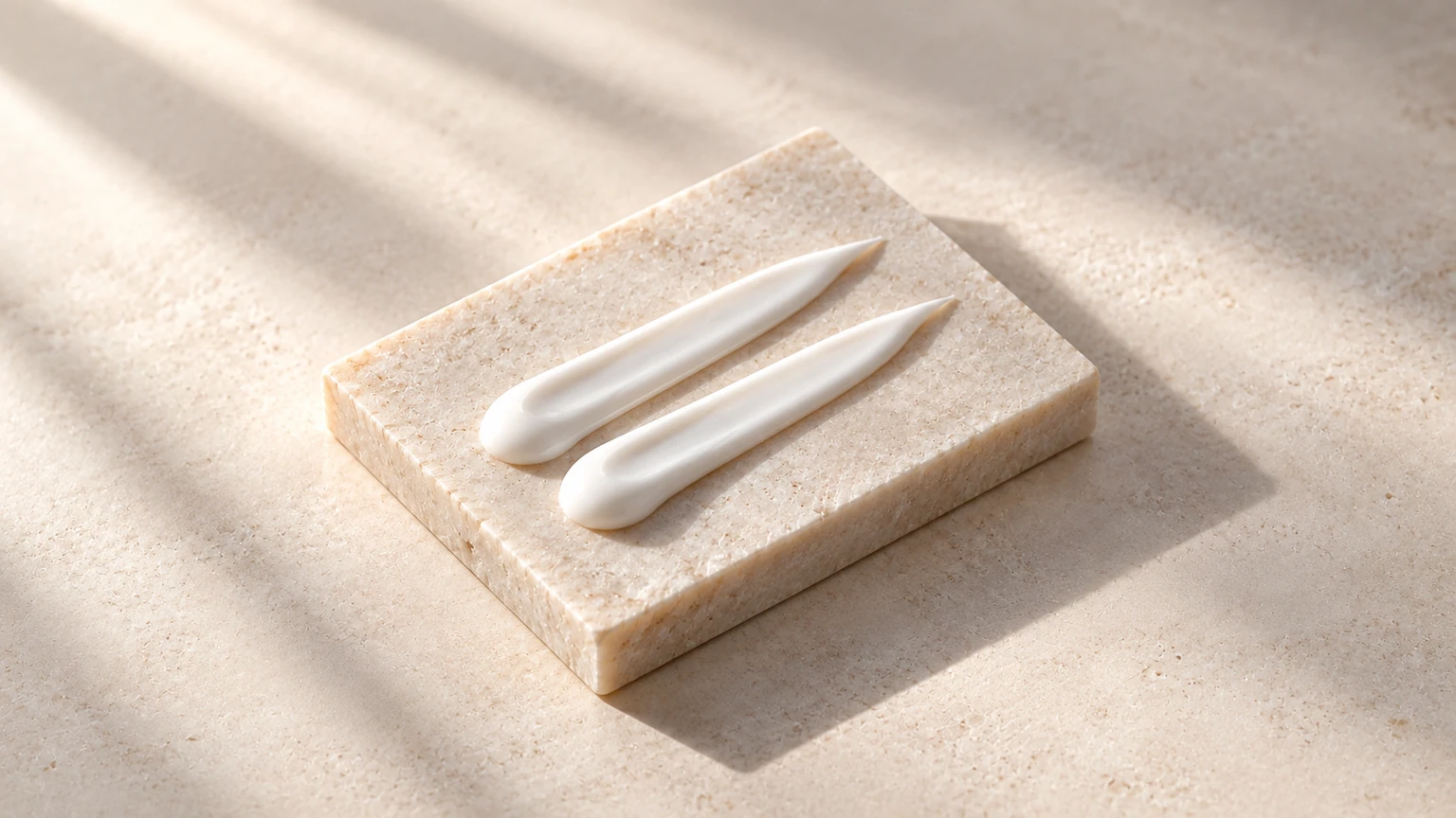 Two parallel lines of white sunscreen sit on a sunlit pale stone slab.