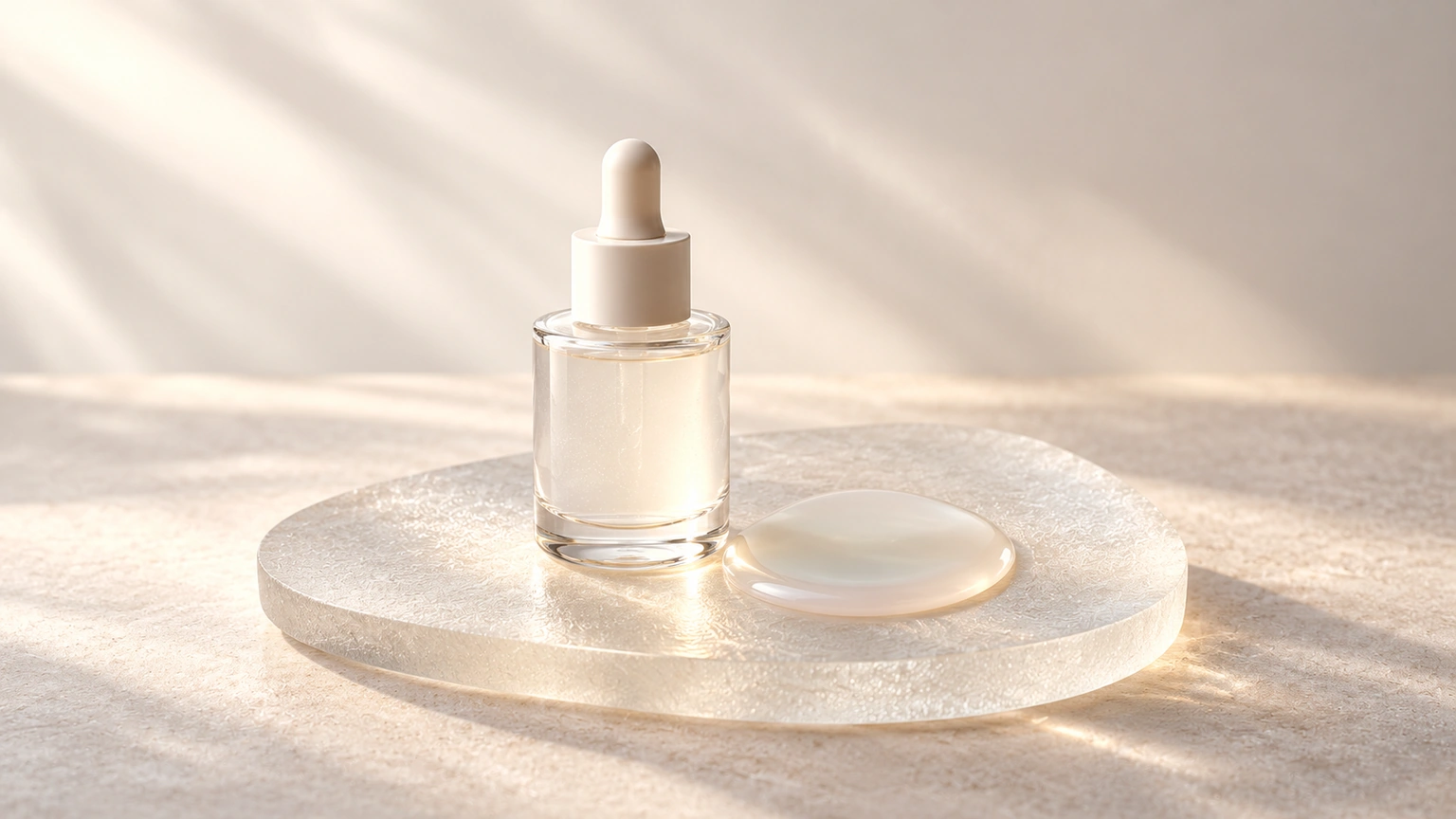 An unlabelled glass dropper bottle stands beside milky serum on frosted glass.