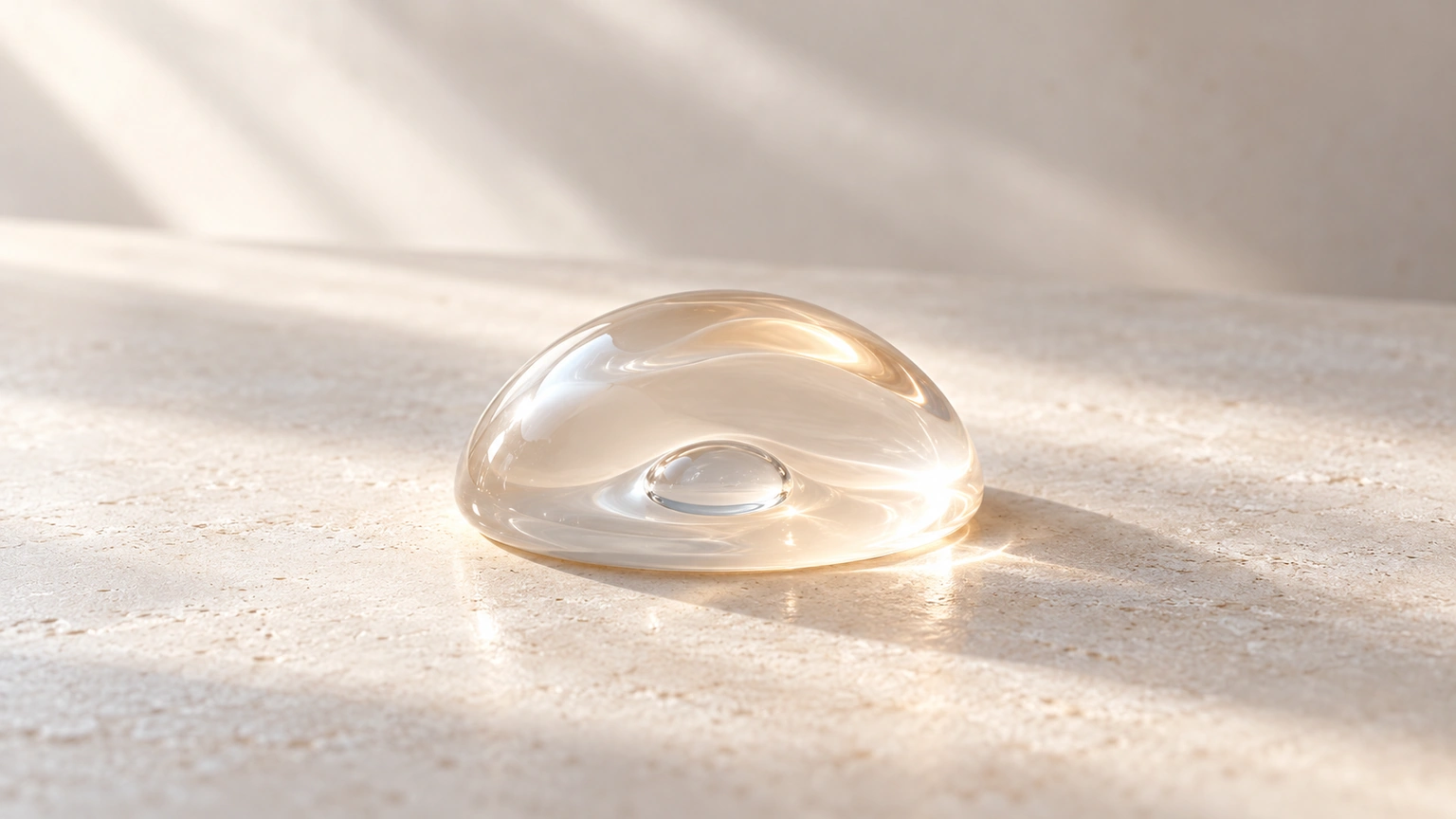 A glossy dome of balm covers a small water droplet on ivory stone.
