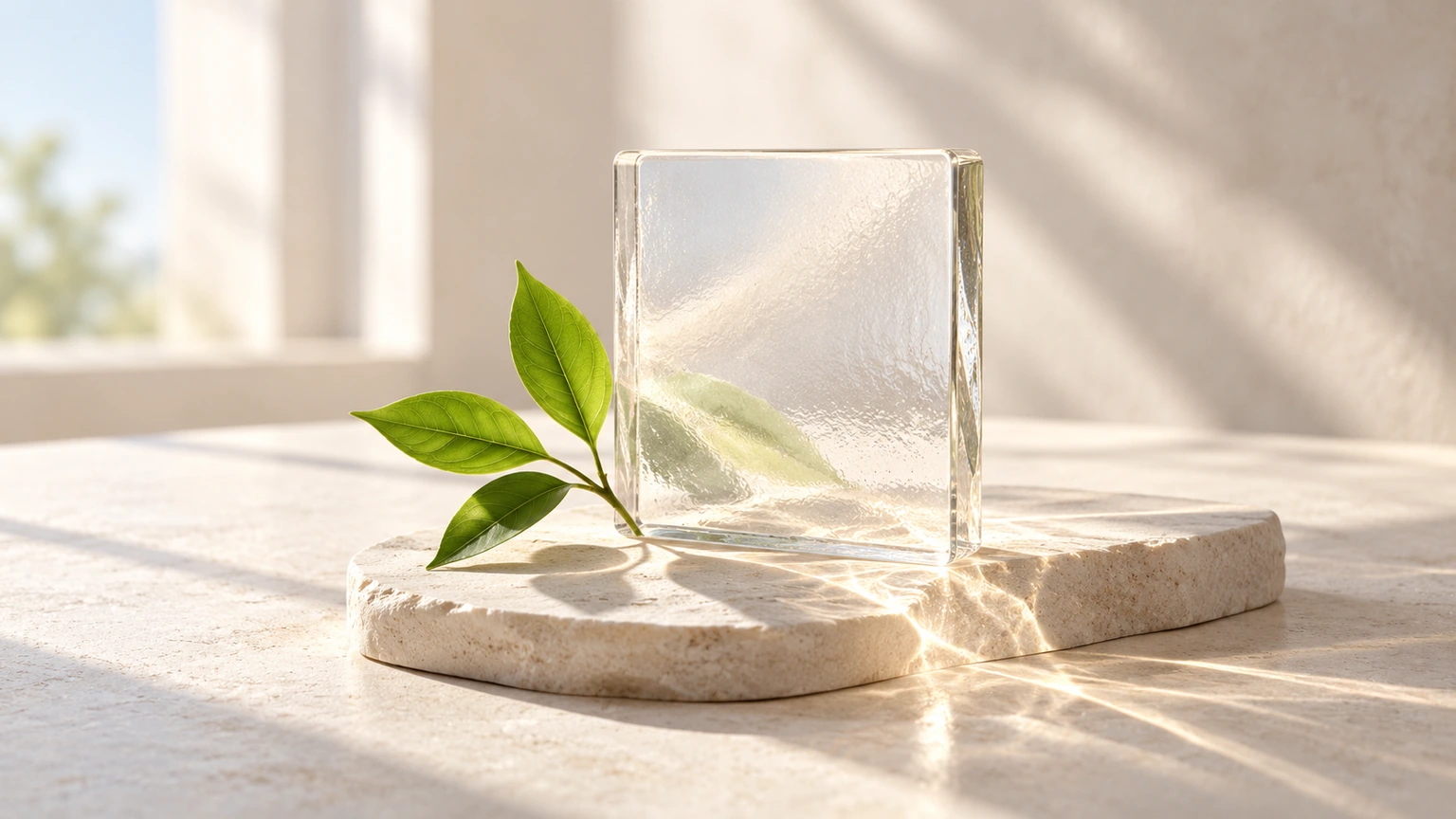 Morning sunlight falls across a glass slab and a green sprig on pale stone.